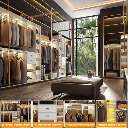 Upgraded 96 Closet System with 18 Storage Place, 8FT Closet Organizers System with 13 Shelves and 2 Wooden Drawers, 96'' Walk-in Closet with 4 Hanging Rods, Adjustable Garment Rack, White