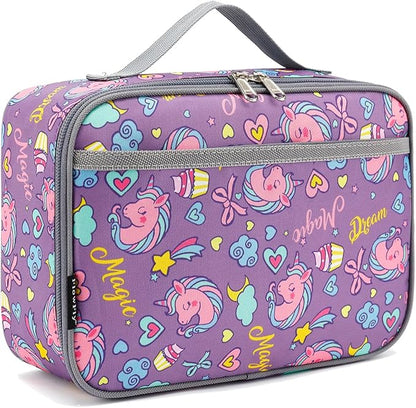 FlowFly Kids Lunch box Insulated Soft Bag Mini Cooler Back to School Thermal Meal Tote Kit for Girls, Boys, Purple Unicorn