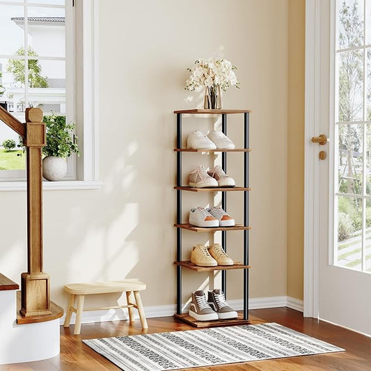 HOOBRO Vertical Shoe Rack, 6-Tier Narrow Shoe Shelf, Shoe Storage Organizer for Small Space, 11" L x 11" W x 39.5" H, Closet, Entryway, Hallway, Bedroom, Rustic Brown and Black BF21XJ01