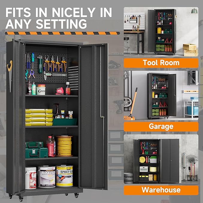Garage Storage Cabinet with Wheels, Metal Storage Cabinet with 2 Doors and Adjustable 4 Shelves for Garage, Basement, Warehouse, Office, Black, Assembly Required