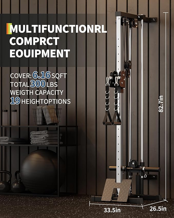 Garvee Wall Mount Cable Station, LAT Pulldown Machines with 19 Positions Dual Pulley System, Cable Crossover Machine with Adjustable Footplate, T-Bar and More Attachments, Workout Equipment Home Gym