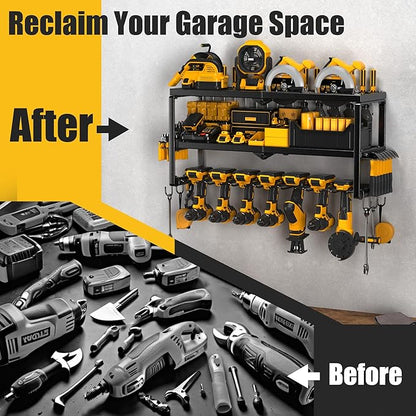 Power Tool Organizer, 7 Drill Holder for Tool Organizer, Storage and Organization for Garage, Heavy Duty Metal Tool Shelf Utility Rack for Cordless Power Tools Suitable for Pegboard/Workshop