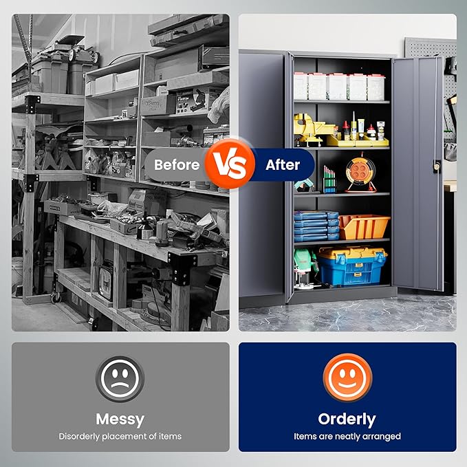 Yizosh Metal Garage Storage Cabinet with Lock, 72" Locking Tool Cabinets with 2 Doors and 4 Shelves, Heavy Duty File Cabinet for Office, School (Gray Black)