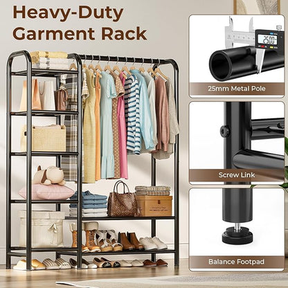 Heavy Duty Clothes Rack with 5 Tiers Shelves, Max Load 670LBS, Portable Freestanding Multi-Functional Metal Clothing Rack with Hanging Rods Organizer System for Bedroom Closet Wardrobe, Black