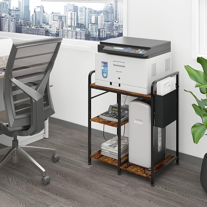 Home Printer Stand with Charging Station, 24x18 Inches Stands for Large Printer, Printer Shredder Stand with Storage for Home Office, Table for Fax Machine/PC Tower (Rustic Brown)