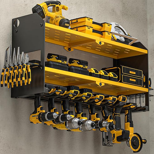 YYR Power Tool Organizer Wall Mount, Cordless Drill and Battery Holder, Electric Tools Hanger Storage Rack with Charging Station, Garage Organization Floating Shelf - Made of Heavy Duty Metal, Yellow