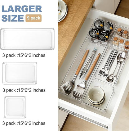 9 PCS Clear Plastic Drawer Organizer Sets, 3 Sizes Vanity Organizer Trays Stackable Storage Bins for Kitchen, Cabinet, Bathroom, Office, Laundry Room Organizing