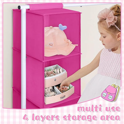 Univivi Kids Clothing Rack with Hanging Organizer, Short Toddler Dress Up Storage Rack for Hanging Clothes, Kids Wardrobe Closet for Baby Clothes, Dance Costumes, Rose Red/White