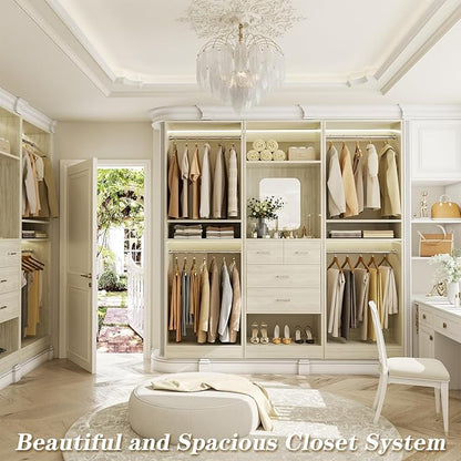 Unikito 75” Closet System with 4 Drawers, 6.3FT Wood Walk in Closet Organizer with Hanging Rods and Mirror, Reversible Large Closet Wardrobe with Shelves, Max Load 2000 LBS, White Oak
