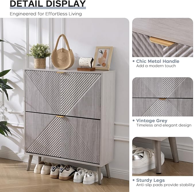 Shoe Cabinet with 2 Flip Drawers, Freestanding Shoe Organizer with 4 Wooden feet, Modern Shoes Storage Cabinet for Entryway, Hidden Narrow Shoe Rack Cabinet for Foyer, Hallway, Mudroom, Grey