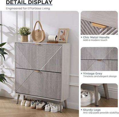 Shoe Cabinet with 2 Flip Drawers, Freestanding Shoe Organizer with 4 Wooden feet, Modern Shoes Storage Cabinet for Entryway, Hidden Narrow Shoe Rack Cabinet for Foyer, Hallway, Mudroom, Grey