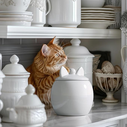 Barnyard Designs Cat Treat Container – Airtight Ceramic Treat Jar with Lid, Large White Pet Treat Canister for Kitchen Counter (Cat)