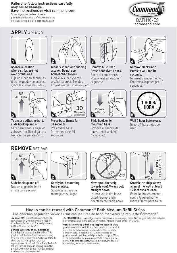 Command Bath Medium Hooks, 3 lb Capacity, 2-Hooks, 2-Strips, Organize Damage-Free