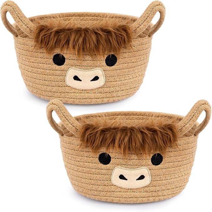 Small Highland Cow Basket Set for Nursery, 2PCS Woven Cotton Rope Storage Cow Basket, Cute Baby Blanket Gift Storage with Soft Ears Handles, Candy Towel Decor Gifts Bin, Pack of 2