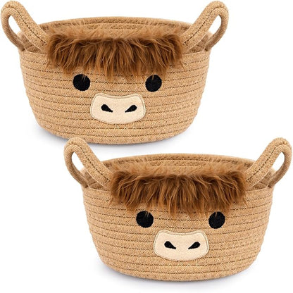 Small Highland Cow Basket Set for Nursery, 2PCS Woven Cotton Rope Storage Cow Basket, Cute Baby Blanket Gift Storage with Soft Ears Handles, Candy Towel Decor Gifts Bin, Pack of 2