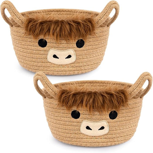 Small Highland Cow Basket Set for Nursery, 2PCS Woven Cotton Rope Storage Cow Basket, Cute Baby Blanket Gift Storage with Soft Ears Handles, Candy Towel Decor Gifts Bin, Pack of 2