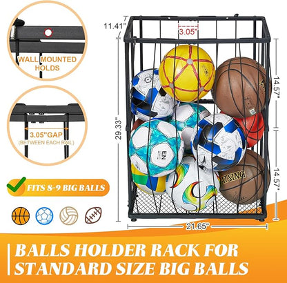 Garage Ball Storage Wall-Mounted & Floor Sports Equipment Organizer: Sports Ball Rack with Elastic Rope, Holder for Basketball, Soccer, Volleyball, Football, Garage, Gym, Black(Patent Pending)