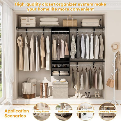 Cyclysio 96 Inch Closet System, 8 FT Hanging Closet Organizer System, Walk in Closet System with 4 Adjustable Rods and 3 Shelving Towers for 4-8FT Spaces(Cut-to-Fit), Black