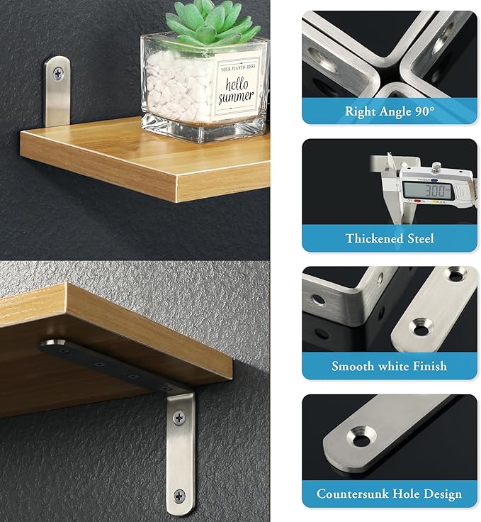 Alise 12 Pcs Floating Shelf Brackets,Heavy Duty L Bracket Corner Brace,5'' x 3'' Stainless Steel Corner Joint Angle Bracket for Hanging Support Shelves Support DIY,Brushed Finish
