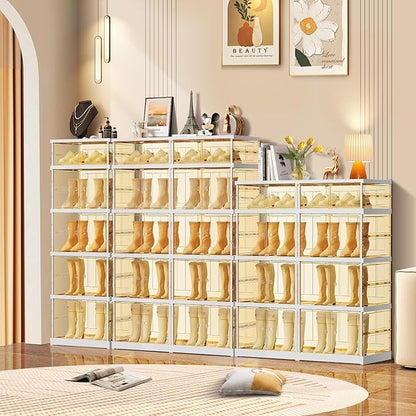 5-Tier Foldable Shoe Rack for Closet Entryway 5-10Pairs,Stackable Clear Shoe Storage Boxes Organizer with Door Plastic Shoe Cabinet Bins with Lids Shoes Shelf Easy Assembly Large