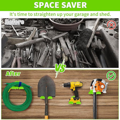 Upgraded Trimmer Rack Wall Mount - 8" Heavy Duty Weed Eater Hanger for Garage Wall, Garden Power Tool Holder Organizer Hooks for Grass Trimmer, Hedge Trimmer, Leaf Blower and Chainsaw, Green, 2 Pack