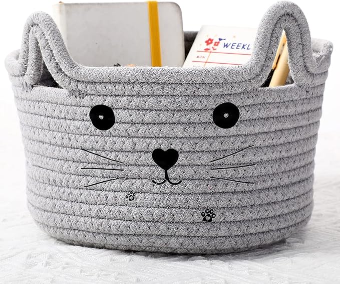 Zopeal Cat Basket Storage Woven Organizer with Ears Easter Decorative Gift Pet Toy Cute Cotton Rope Basket for Gift Cat Dog Toy Bin Nursery Room(8.3 x 4.7 Inch,Light Gray)