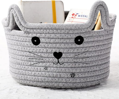 Zopeal Cat Basket Storage Woven Organizer with Ears Easter Decorative Gift Pet Toy Cute Cotton Rope Basket for Gift Cat Dog Toy Bin Nursery Room(8.3 x 4.7 Inch,Light Gray)