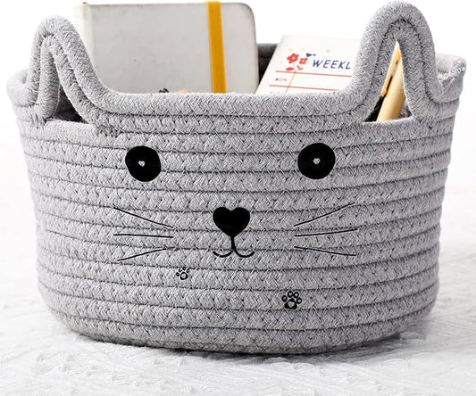 Zopeal Cat Basket Storage Woven Organizer with Ears Easter Decorative Gift Pet Toy Cute Cotton Rope Basket for Gift Cat Dog Toy Bin Nursery Room(8.3 x 4.7 Inch,Light Gray)