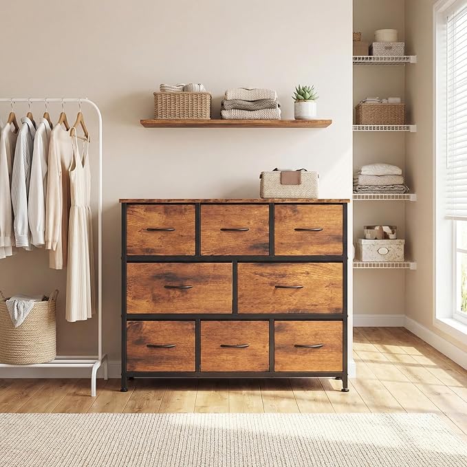 DUMOS TV Stand, Dresser with 8 Fabric Drawers, Spacious Storage Tower for Closet, TV Stand with Wood Top and Mental Frame, Storage Unit for Living Rooms, Bedroom and Entryway, Brown