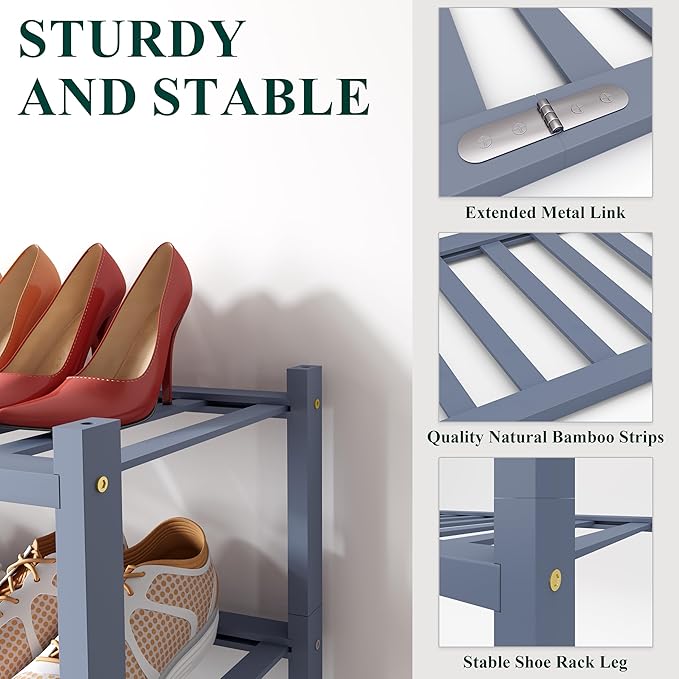Smiry Bamboo Shoe Rack for Closet, 6 Tier Wooden Stackable Shoe Organizer, Free Standing Shoes Storage Shelf for Entryway, Front Door Entrance, Grey