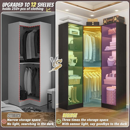 Corner Closet System with 2 Motion Sensor Lights, 39.2" Corner Closet Organizer with 12 Shelves, Closet Corner with 2 Hanging Rods, Versatile 6-Tier Walk-in Closets for Corner Space, Black