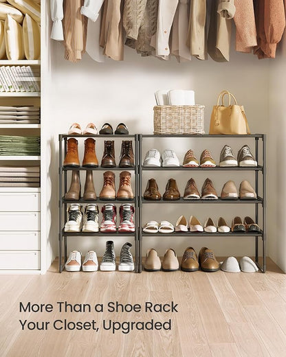 SONGMICS Shoe Rack, 4-Tier Shoe Organizer, Metal Storage Shelf, Upright or Upside Down, for 10-15 Pairs, Stackable, for Entryway, 11.8 x 26.8 x 28.4 Inches, Black ULSA204B01