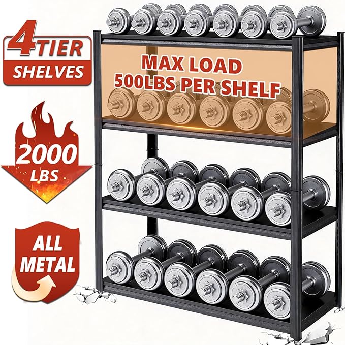 4-Tier Metal Garage Shelving Heavy Duty Adjustable Storage Shelves 2000lbs Capacity Steel Shelving Units Tool Rack Corner Shelf for Heavy Equipment and Tools (23.6" W × 13.8" D × 44.1" H)