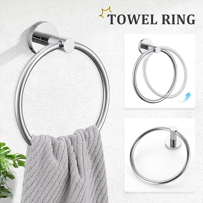 TURS Chrome 5 Piece Bathroom Hardware Set, SUS304 Stainless Steel 24 Inch Bath Towel Bar Set, Round Bathroom Accessories Kit Wall Mounted