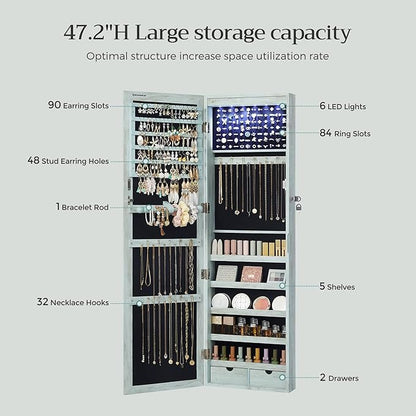 SONGMICS 6 LEDs Mirror Jewelry Cabinet, 47.2-Inch Tall Lockable Wall or Door Mounted Jewelry Armoire Organizer with Mirror, 2 Drawers, 3.9 x 14.6 x 47.2 Inches, Rustic Green UJJC93UJ