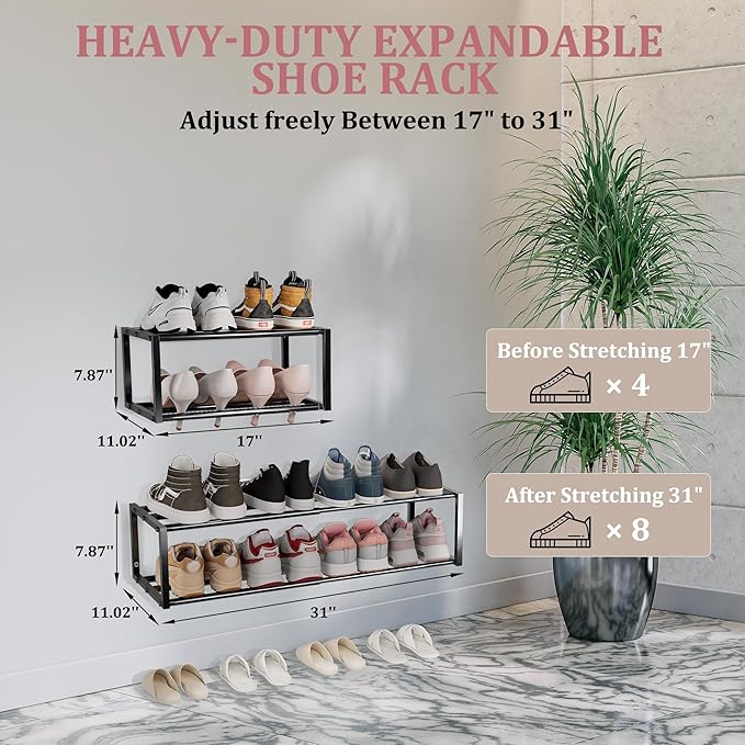 2 Pack Expandable Wall Mounted Shoe Rack, 17"-31" Adjustable Hanging Shoe Rack Holds 16 Pairs, Heavy Duty Metal Shoe Holder with 4 Storage Hooks, Space Saving for Entryway Closet Doorway（Black
