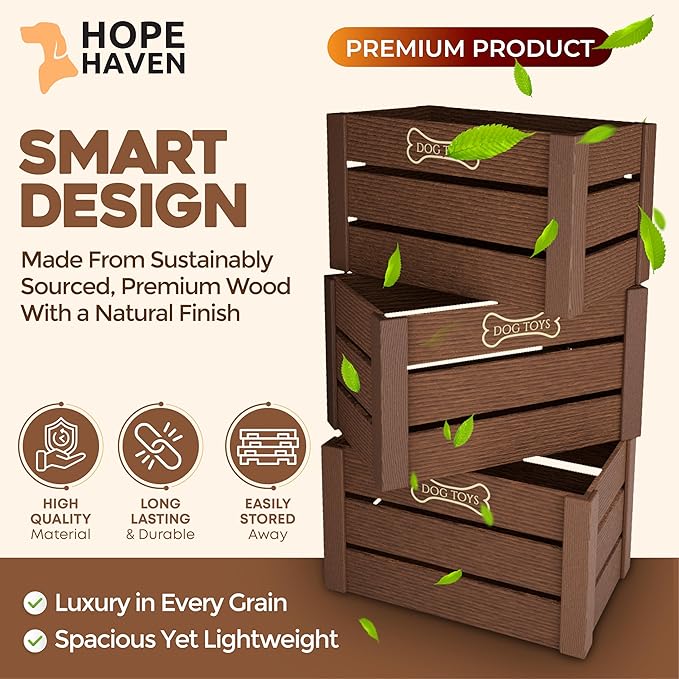 Hope Haven Wooden Dog Toy Box – Premium Chew-Resistant Solid Wood Pet Storage Bin – Aesthetic Large Capacity Organizer for Dog Toys, Leashes & Treats – Designer Home Decor (15x11x8, Natural Brown)