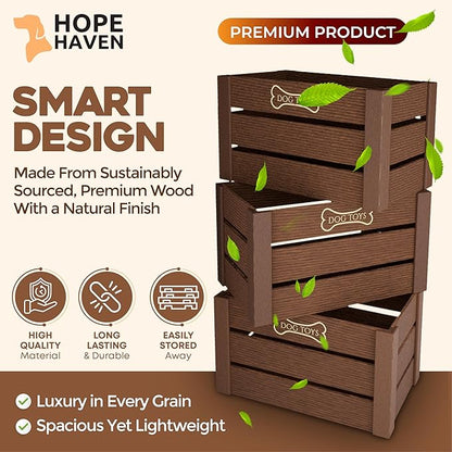Hope Haven Wooden Dog Toy Box – Premium Chew-Resistant Solid Wood Pet Storage Bin – Aesthetic Large Capacity Organizer for Dog Toys, Leashes & Treats – Designer Home Decor (15x11x8, Natural Brown)