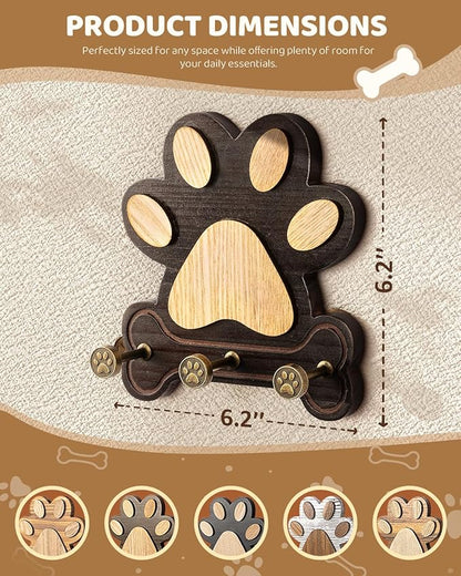 MTERSE Pine Wood Dog Leash Holder for Wall – Adorable Dog Leash Hanger, Key Holder, Coat Rack, and Sunglass Organizer – Rustic Farmhouse Wall Decor for Entryway, Bedroom, or Living Room (Dark Brown)