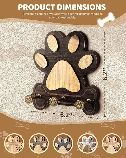 MTERSE Pine Wood Dog Leash Holder for Wall – Adorable Dog Leash Hanger, Key Holder, Coat Rack, and Sunglass Organizer – Rustic Farmhouse Wall Decor for Entryway, Bedroom, or Living Room (Dark Brown)
