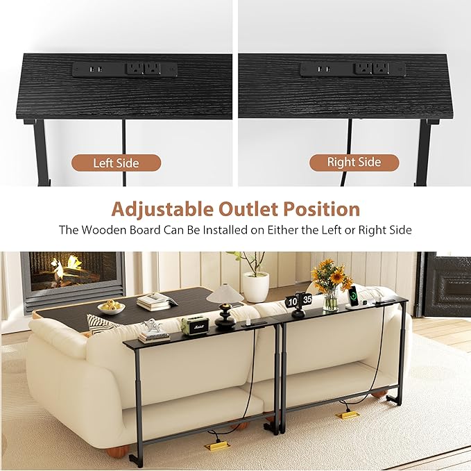 GRLEAF 2 Pack Adjustable Height Narrow Console Table with Power Outlets, 90" Long Sofa Table with Charging Station Behind Couch Table Entryway Table for Living Room and Hallway – Black