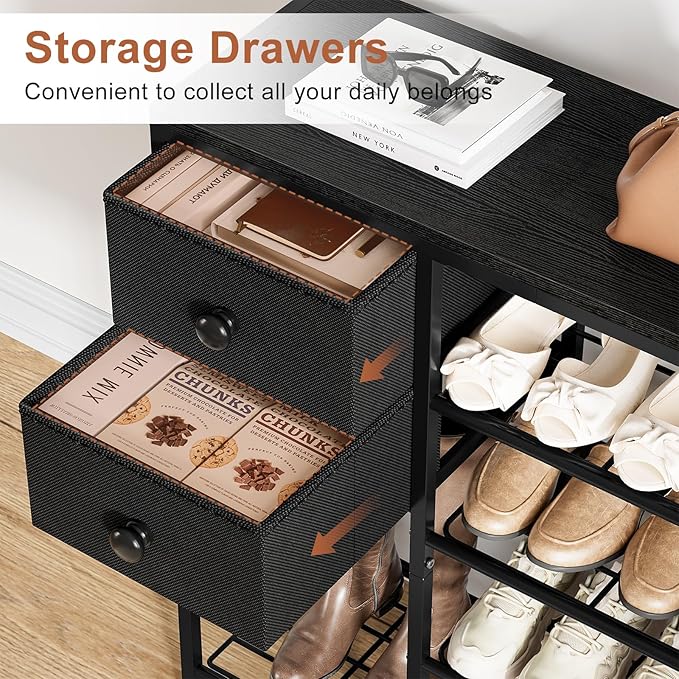 5-Tier Shoe Rack with 2 Fabric Drawers, Metal Frame and Wooden Board Shoe Organizer for 16-20 Pairs of Shoes, Shoe Shelf with Boots Storage for Entryway Closet Black