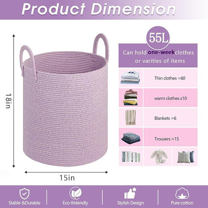 Girl Laundry Basket,Laundry Hamper,15''x18'' Cotton Rope Storage Basket for organizing,Tall Woven Blanket Basket for Living Room,Nursery Hamper,Baby Toy Laundry Bin (Light purple)