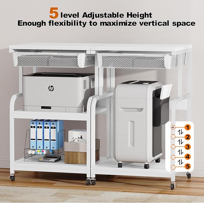 EasyCom Large 3-Tier Rolling Printer Stand with Storage Drawer & 5 Adjustable Shelves Mobile Cart with Industrial Wheels for Home Office Desk Fits 3D Printer, Scanner, and Fax White
