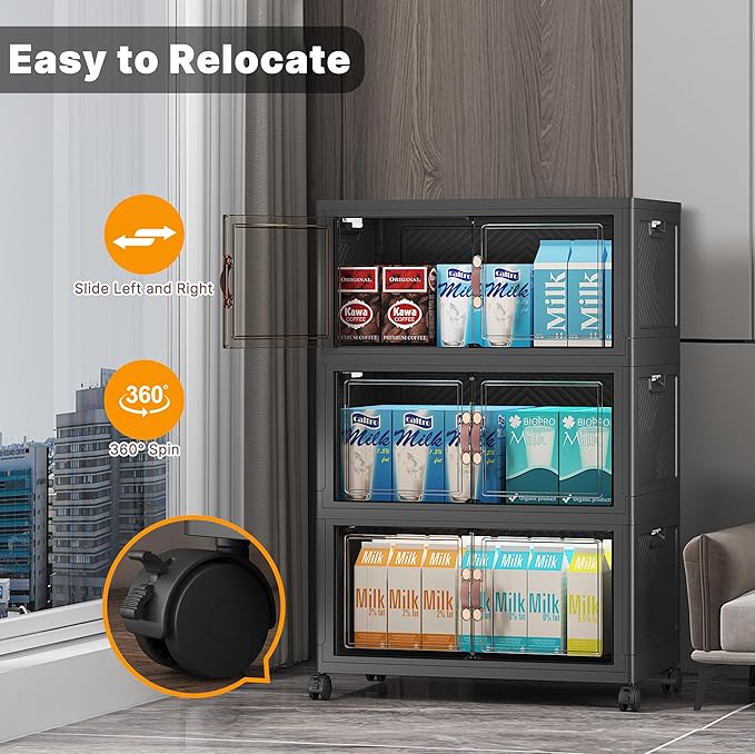 Extra Large Stackable Storage Bins with Lids & Wheels & Door,Foldable Collapsible Closet Organizers, Plastic containers drawers for bedroom Dorm (Dark-55qt, 3Pack with 1 top lid)