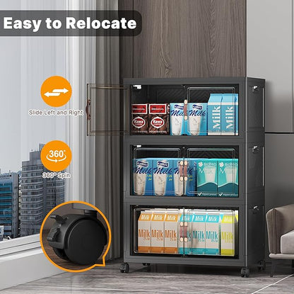 Extra Large Stackable Storage Bins with Lids & Wheels & Door,Foldable Collapsible Closet Organizers, Plastic containers drawers for bedroom Dorm (Dark-55qt, 3Pack with 1 top lid)