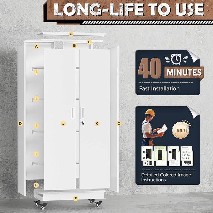 INTERGREAT Metal Storage Cabinet with Wheels, 73" Rolling Storage Cabinets with Door and 4 Shelves, Tall Storage Cabinets Locker on Caster for Home, Office(White)