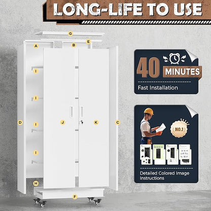 INTERGREAT Metal Storage Cabinet with Wheels, 73" Rolling Storage Cabinets with Door and 4 Shelves, Tall Storage Cabinets Locker on Caster for Home, Office(White)