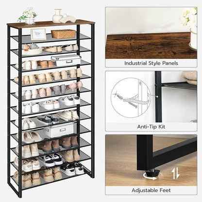 HOOBRO 12-Tier Shoe Rack for Entryway, 29.5" L Shoe Storage Organizer, Large Capacity Shoe Shelf for Closet, Front Door Entrance, Hallway, Holds 36-48 Pairs of Shoes, Rustic Brown and Black BF127XJ01