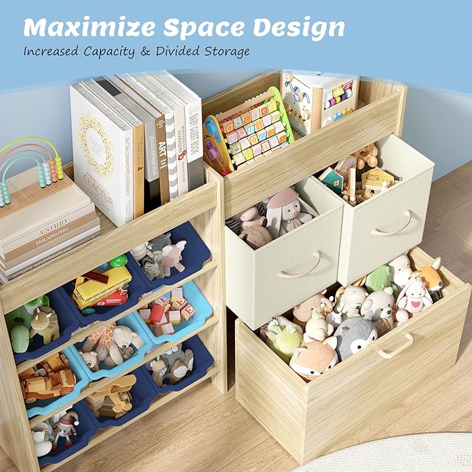 Toy Storage Organizer for Kids, 9-Bin Toy Organizer with 2-Drawers,Movable Toy Chest and Top Rack, Kids Bookshelf and Toy Storage for Playroom, Bedroom, Nursery, Blue